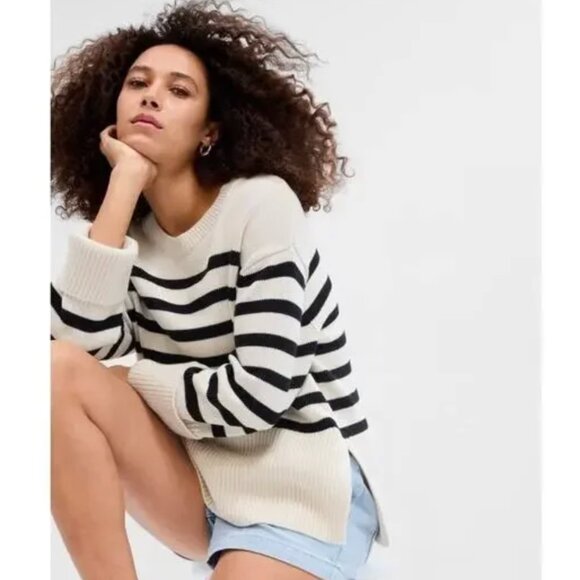 GAP Striped Crewneck Split-hem Cotton Sweater | Size XS - Picture 2 of 9